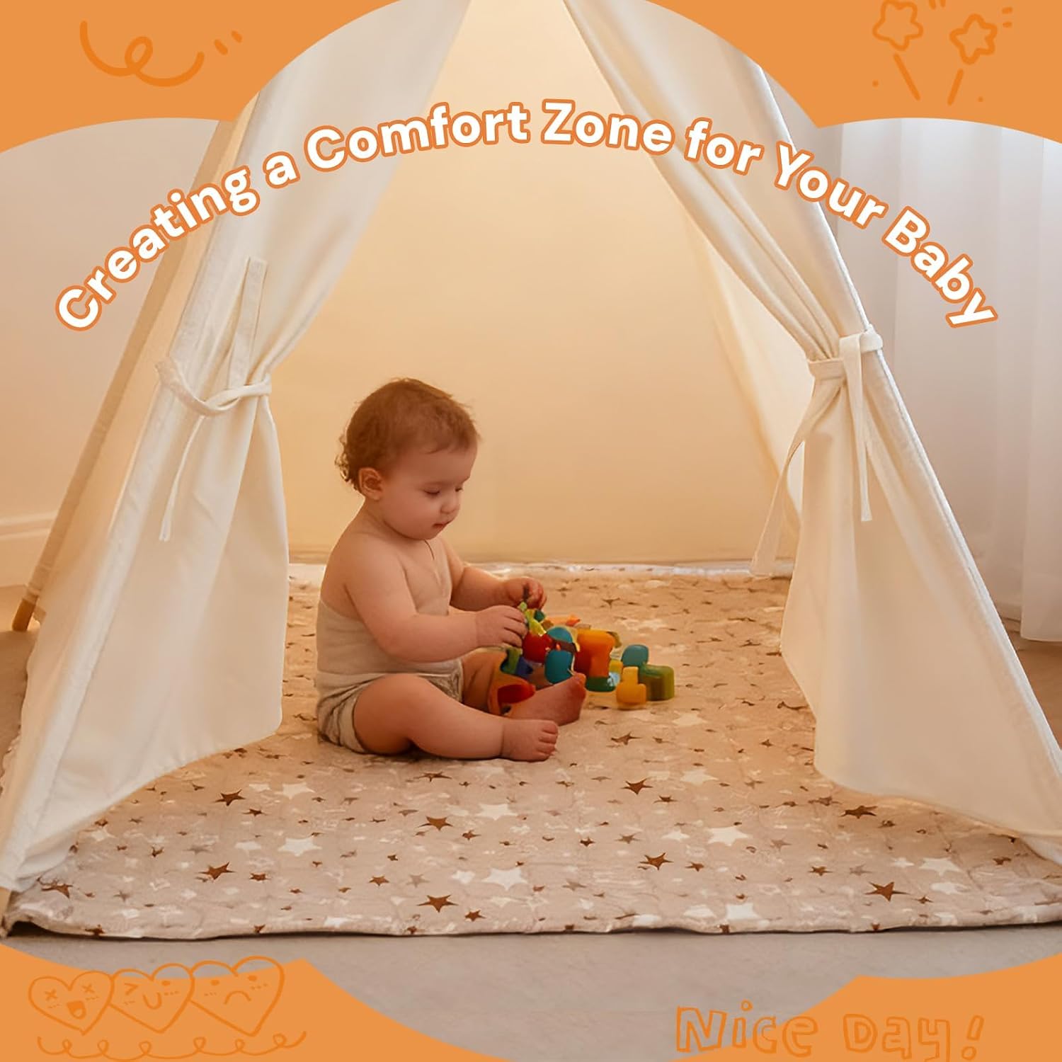 RONGFA Baby Play Mat for Floor, 47'' x 47'' Soft Padded Mat for Baby, Playpen Mat for Toddlers Infant Kids, Machine Washable, Non-Slip Bottom Safe for Crawling (Star)