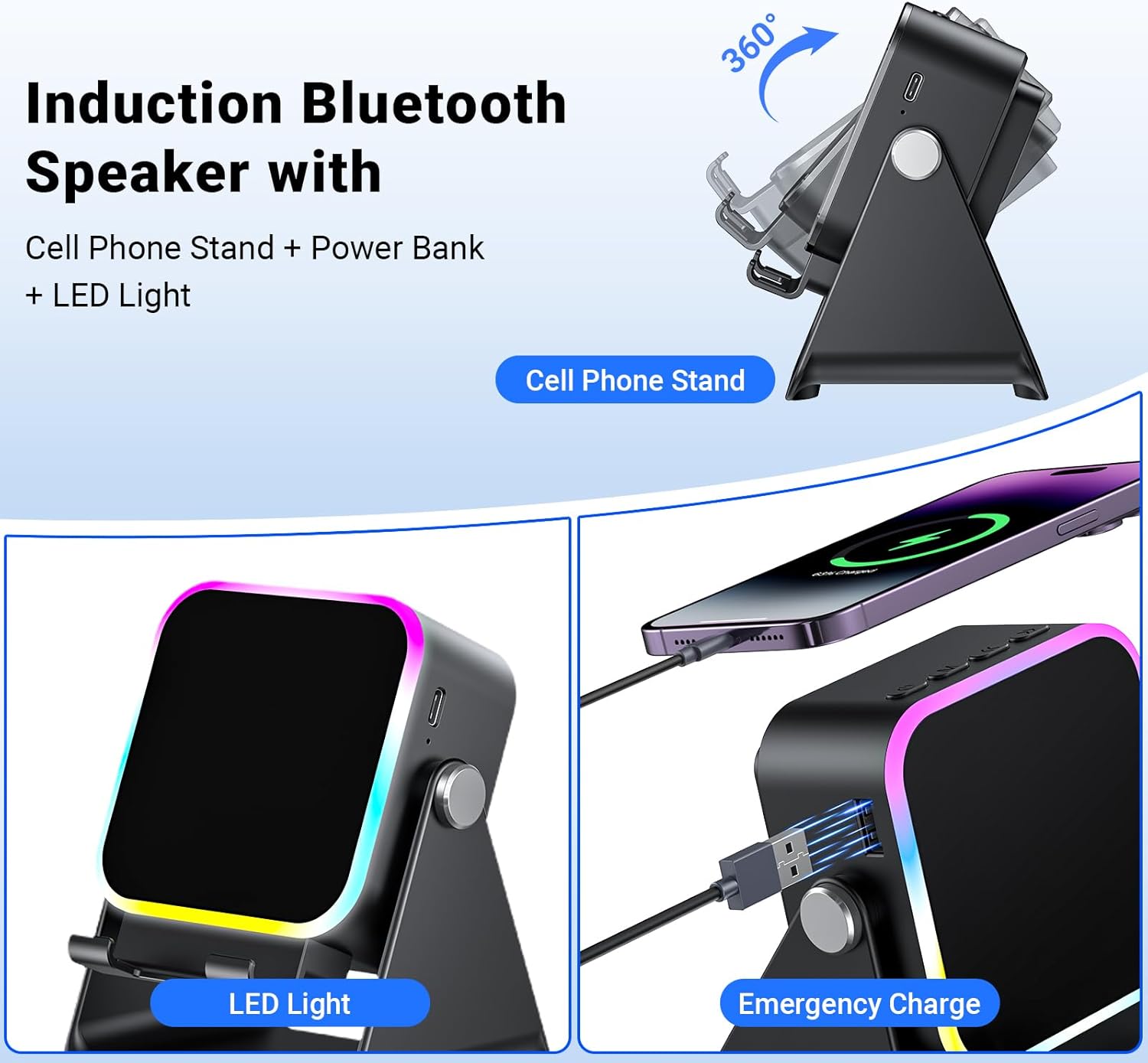 Induction Speaker with Phone Stand 5 in 1 Wireless Bluetooth Audio Black
