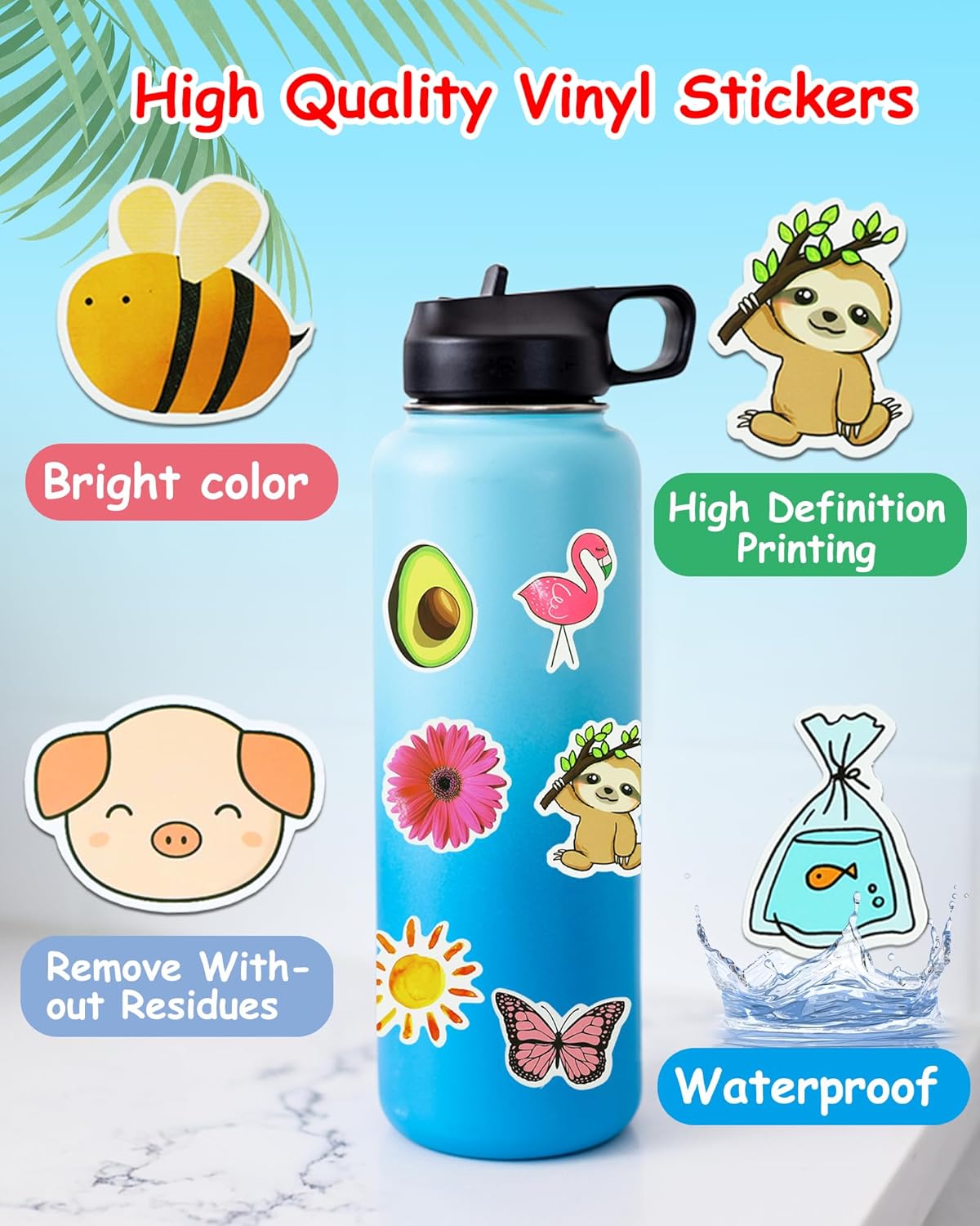 200 Pcs Cute Aesthetic Water Bottle Stickers for Kids, Waterproof Vinyl | Fun No-Repeat Designs Made with Durable Waterproof Vinyl, Great for Kids' Water Bottles, Crafts, Classroom Rewards, Gifts