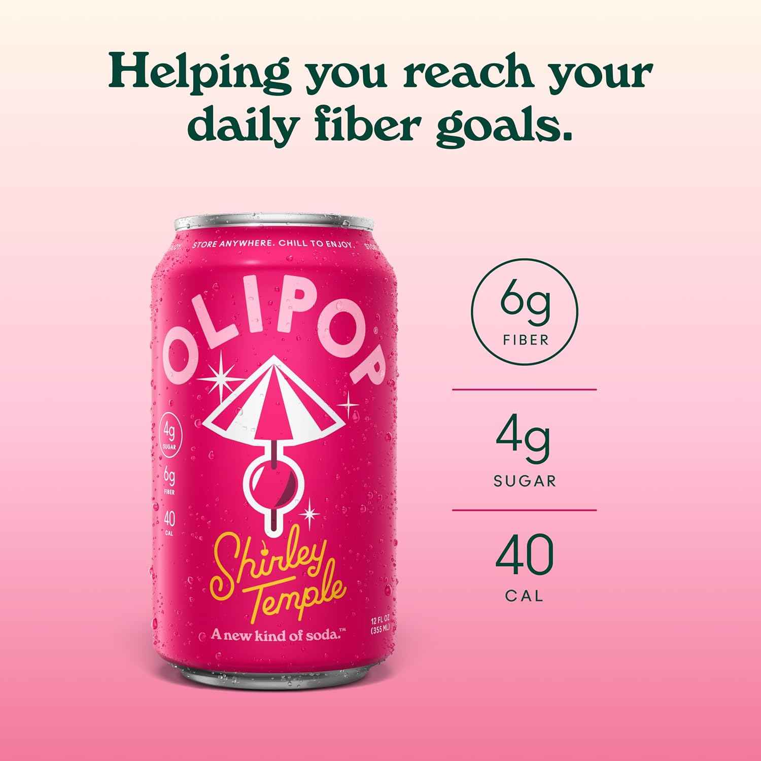 OLIPOP 6g Fiber Prebiotic Soda, Shirley Temple, 12 fl oz, 12 Pack | Shelf Stable Prebiotic Soda, 6g Fiber, 4g Sugar, Digestive Health Support, Prebiotics & Botanicals, Gluten Free, Non GMO