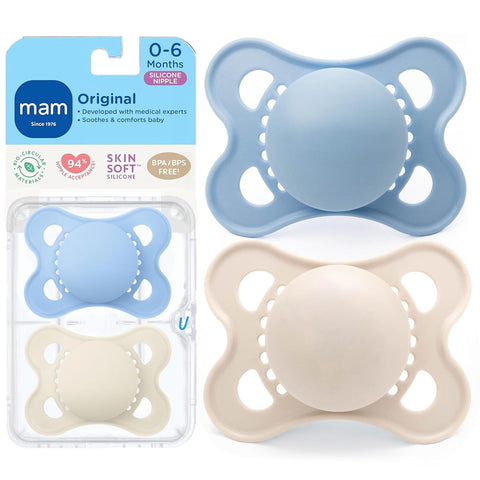 MAM Original Baby Pacifier 0-6 Mths, Skin Soft Silicone Nipple, 2 Pack