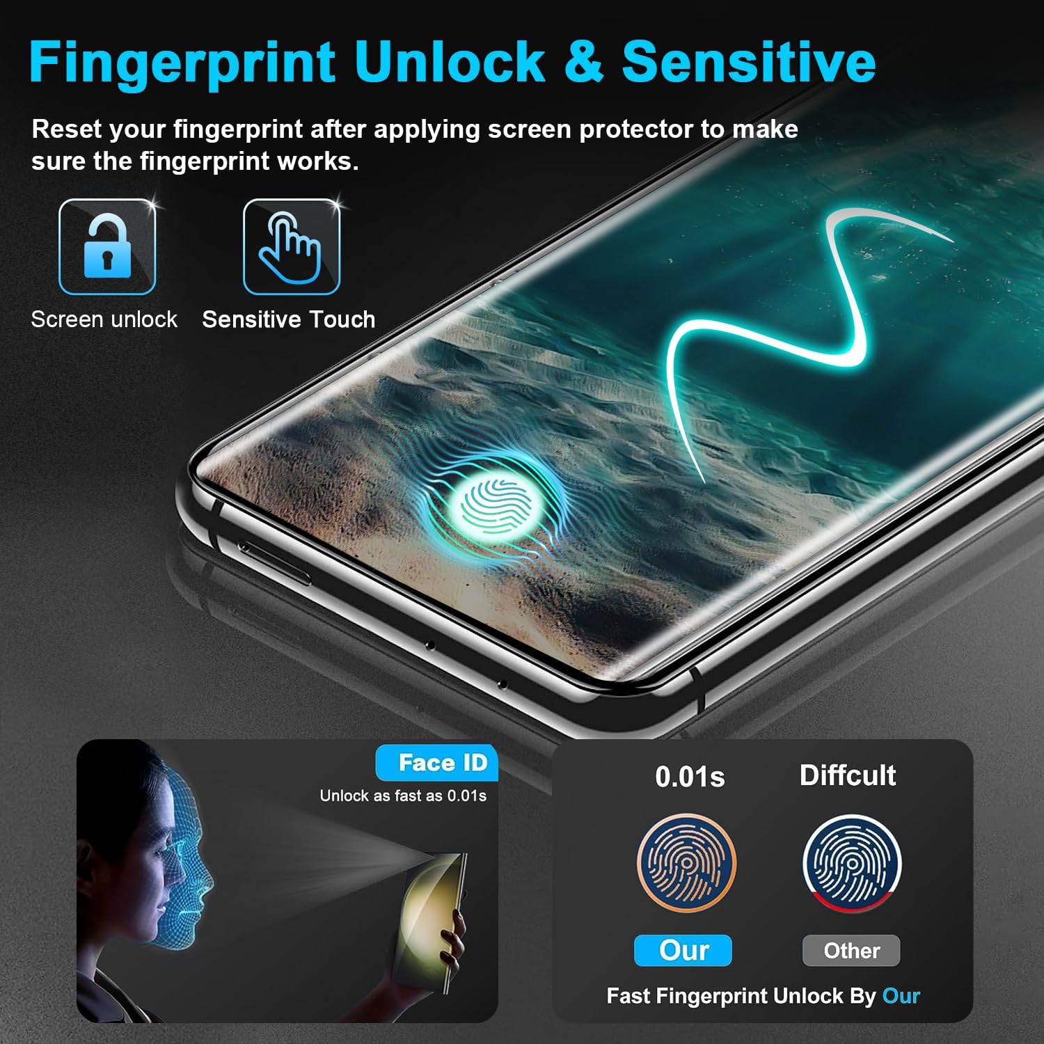 3 Pack Galaxy S21 Ultra Screen Protector, HD Clear Tempered Glass, Fingerprint Unlock, 3D Curved, Scratch Resistant, No Bubble for Samsung Galaxy S21 Ultra 5G Glass Screen Protector