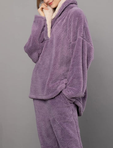 Women's Fluffy Loungewear Sleepwear Lounge Casual Pajamas Sets Loose Long Sleeve Fleece Pullover and Pants Set