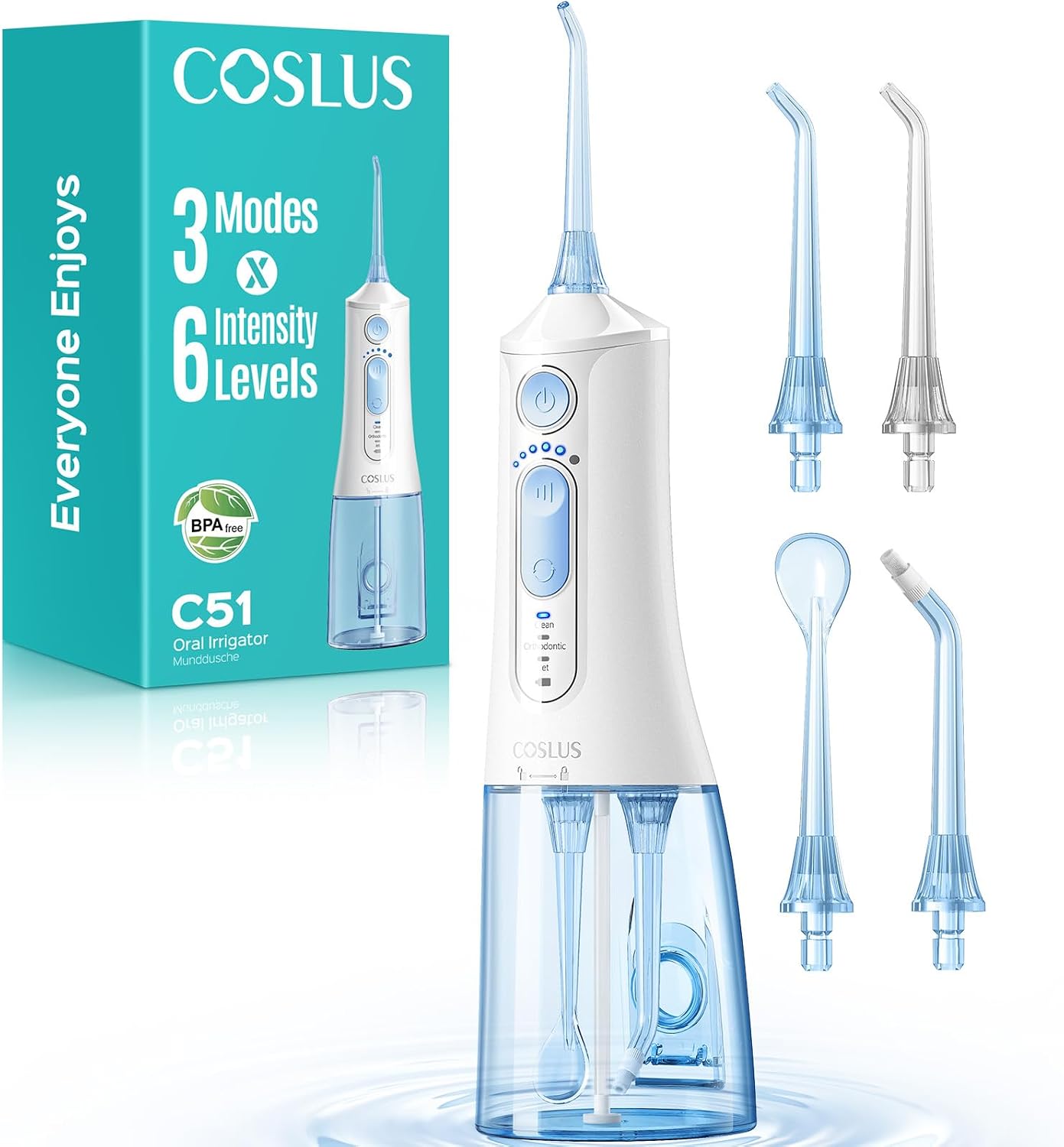 COSLUS ADA Accepted C51 Water Dental Flosser for Teeth, 3 Modes 6 Pressure