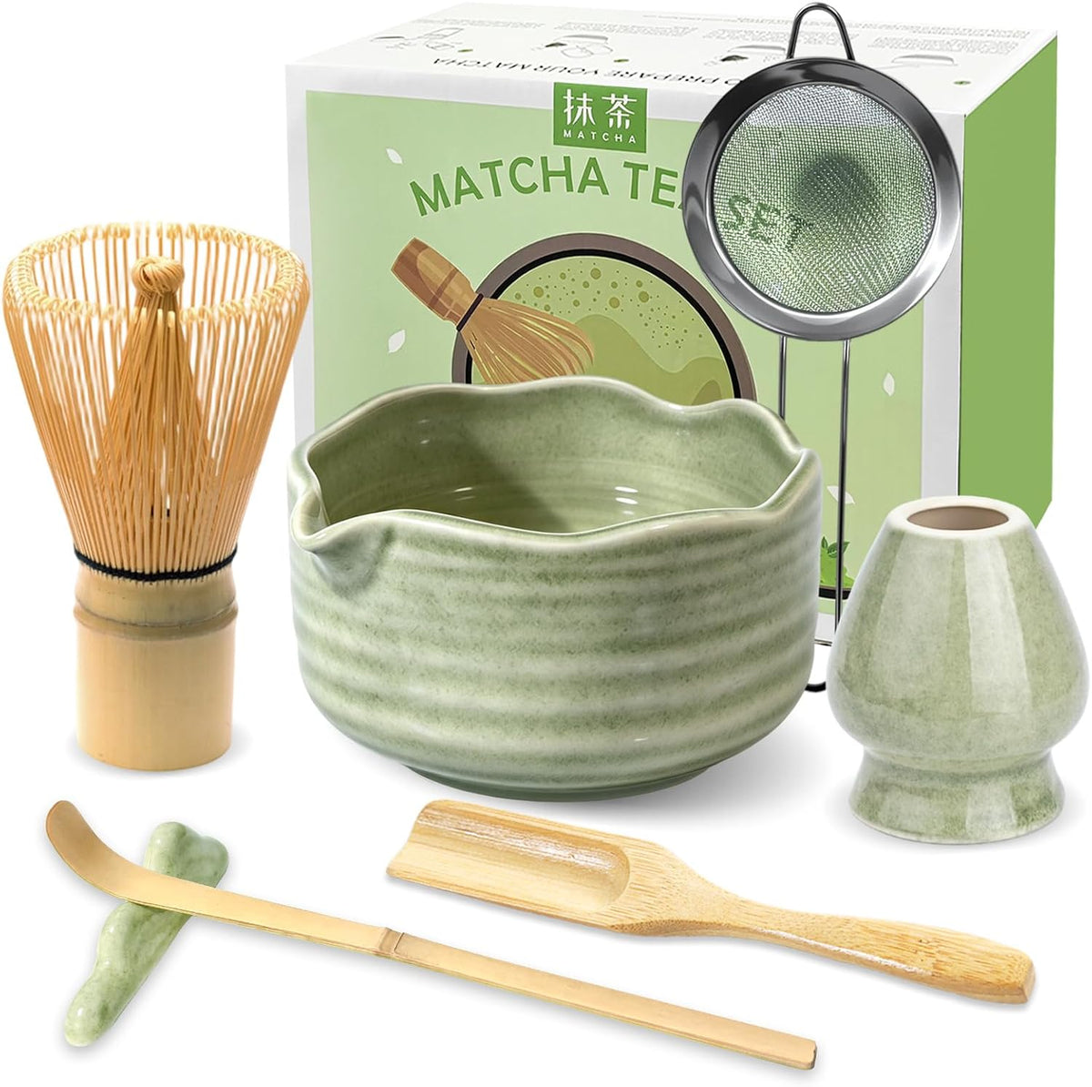 JBER Matcha Set with 17oz Ceramic Bowl, Bamboo Whisk, 7PCS Matcha Whisk Set