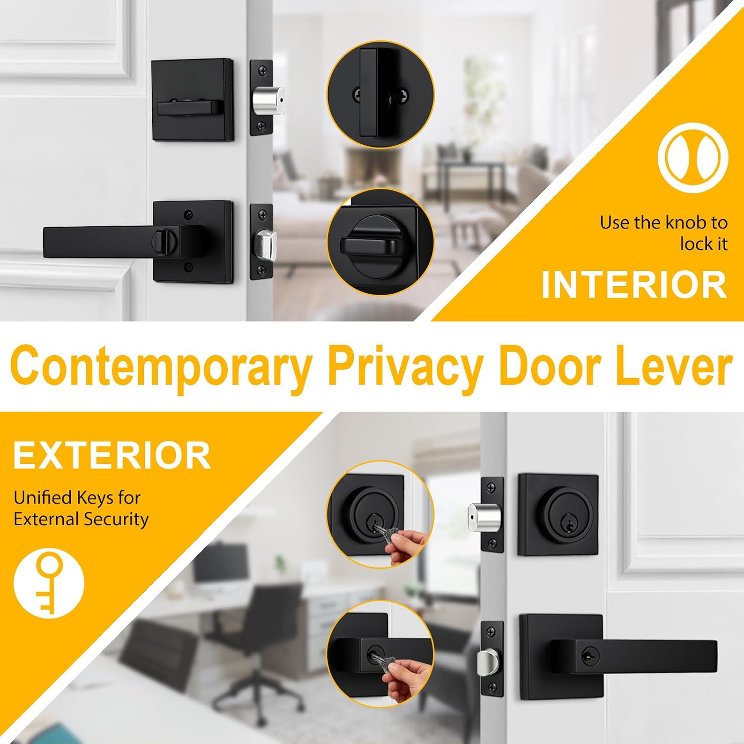 Exterior Door Lock Set with Deadbolt, Keyed Alike Door Handle with Lock, Heavy Duty Matte Black Door Knob and Deadbolt Combo for Front Entry Door, 2 Pack