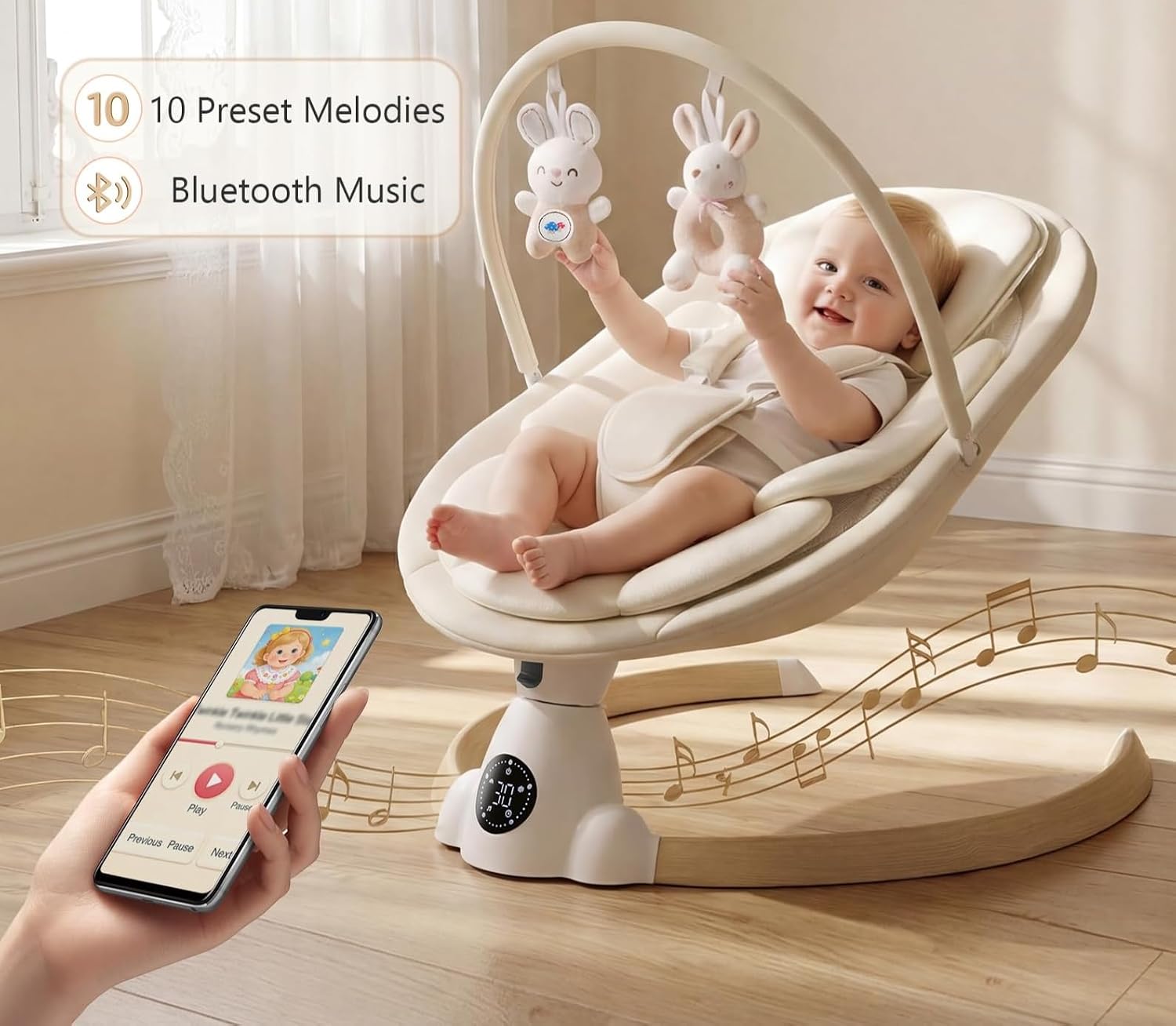 Baby Swing for Infants, Portable Electric Baby Swings with Bluetooth, 5 Swing Speed, 10 Melodies, 5-Point Harness, Remote Control & Touch Panel - Infant Swing for Indoor & Outdoor Use, Beige