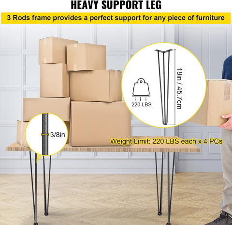 VEVOR Hairpin Table Legs 18" Black Set of 4 Desk Legs 880lbs Total Load Capacity Hairpin Desk Legs 3 Rods for Bench Desk Dining End Table Chairs Carbon Steel DIY Heavy Duty Furniture Legs