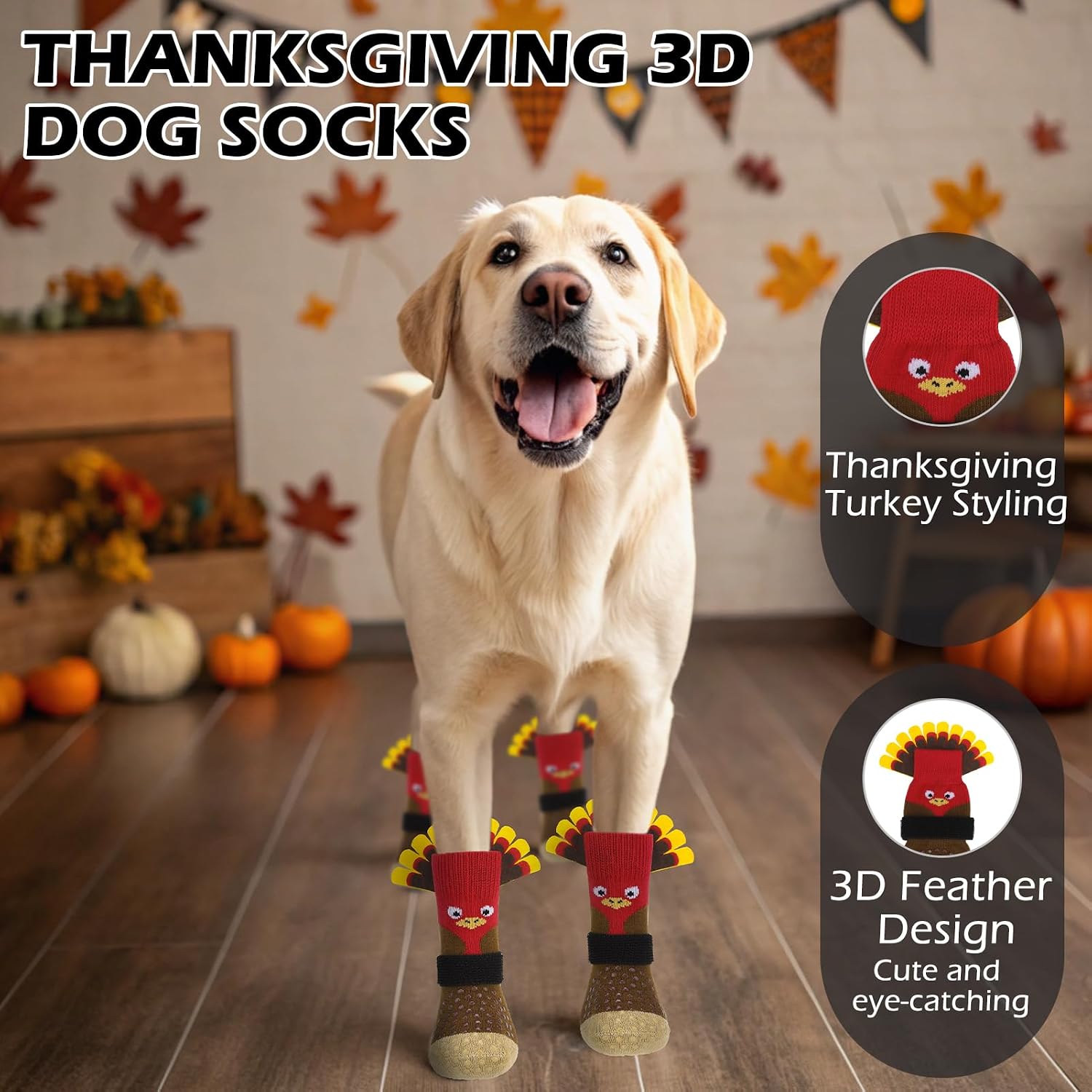EXPAWLORER Thanksgiving Anti Slip Dog Socks to Prevent Licking Paws,Boots & Paw Protectors with Grippers,Doggie Booties for Hardwood Floors for Small Medium Large Senior Dogs Lifelike Costume Turkey M