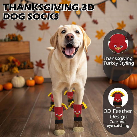 EXPAWLORER Thanksgiving Anti Slip Dog Socks to Prevent Licking Paws,Boots & Paw Protectors with Grippers,Doggie Booties for Hardwood Floors for Small Medium Large Senior Dogs Lifelike Costume Turkey M