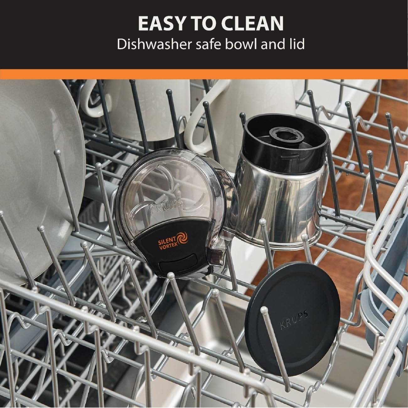 Krups, Coffee Grinder, Ultimate Silent Vortex Plastic and Stainless Steel Grinder with Removable Bowl Mess-Free, 8 Times Quieter, 2 Speeds 240 Watts, Dry Herbs, Dishwasher Safe, 12 cups ground Silver