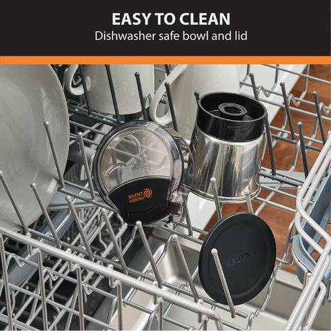 Krups, Coffee Grinder, Ultimate Silent Vortex Plastic and Stainless Steel Grinder with Removable Bowl Mess-Free, 8 Times Quieter, 2 Speeds 240 Watts, Dry Herbs, Dishwasher Safe, 12 cups ground Silver