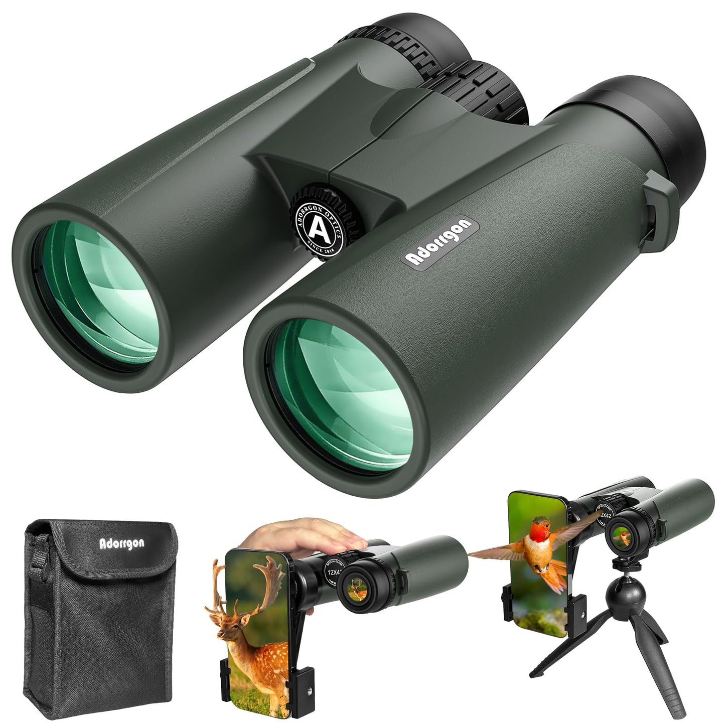 Adorrgon Binoculars 12x42 HD Binoculars for Adults High Powered with Phone Adapter, Tripod and Tripod Adapter - Large View Binoculars with Clear Low Light Vision - Binoculars for Bird Watching Cruise