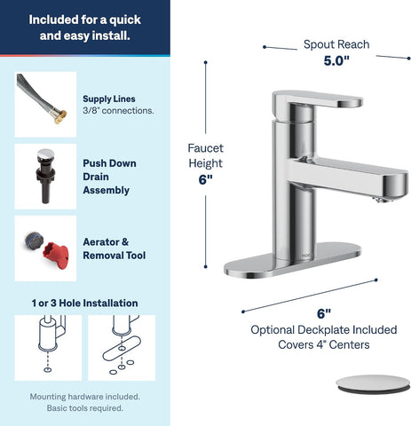 Moen Laris Chrome One-Handle Single Hole Modern Bathroom Sink Faucet with Optional Deckplate and Spring Loaded Drain Assembly, 84014
