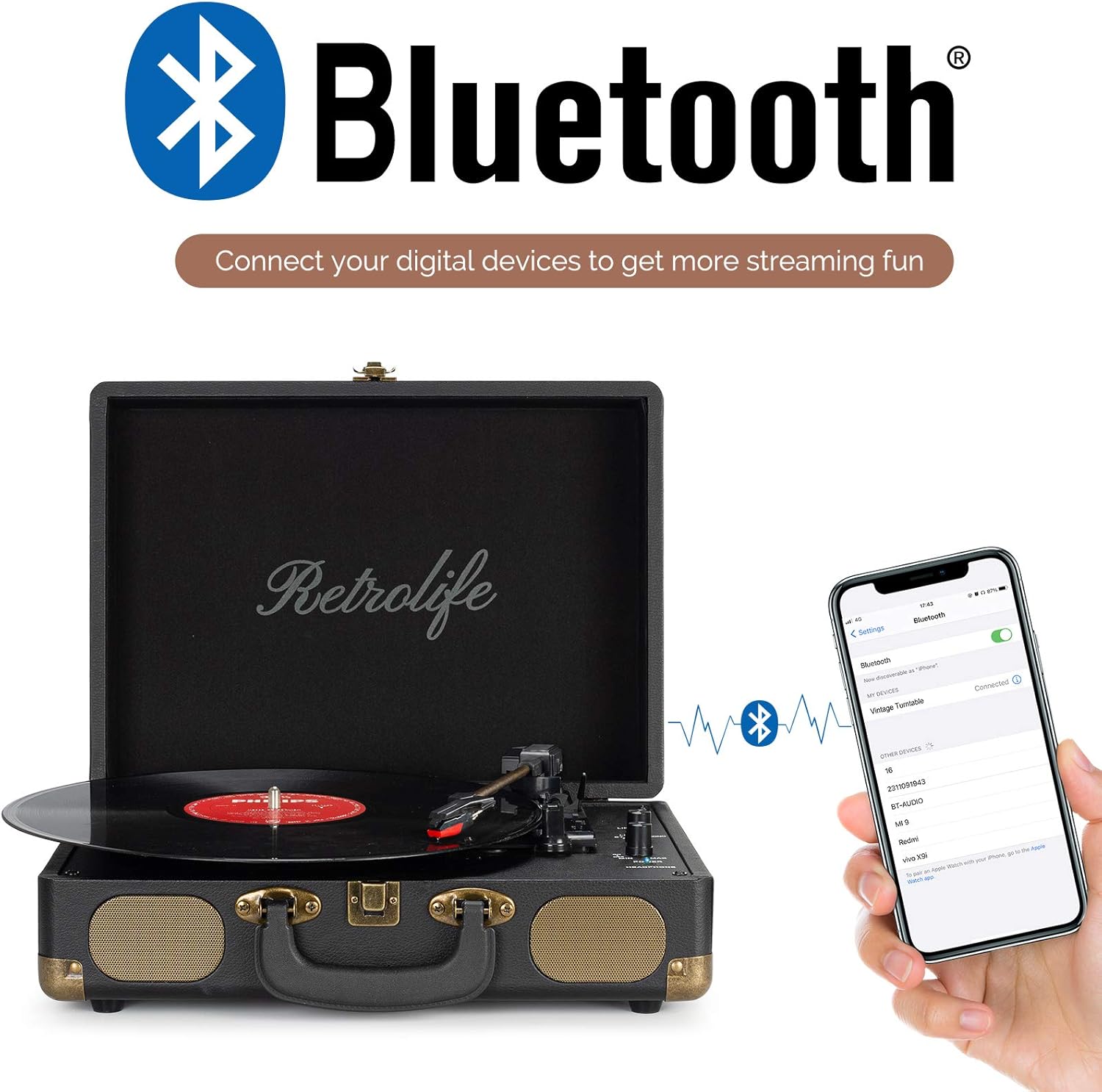 Retrolife® Vinyl Record Player with Speakers, Bluetooth Vinyl Player-Black