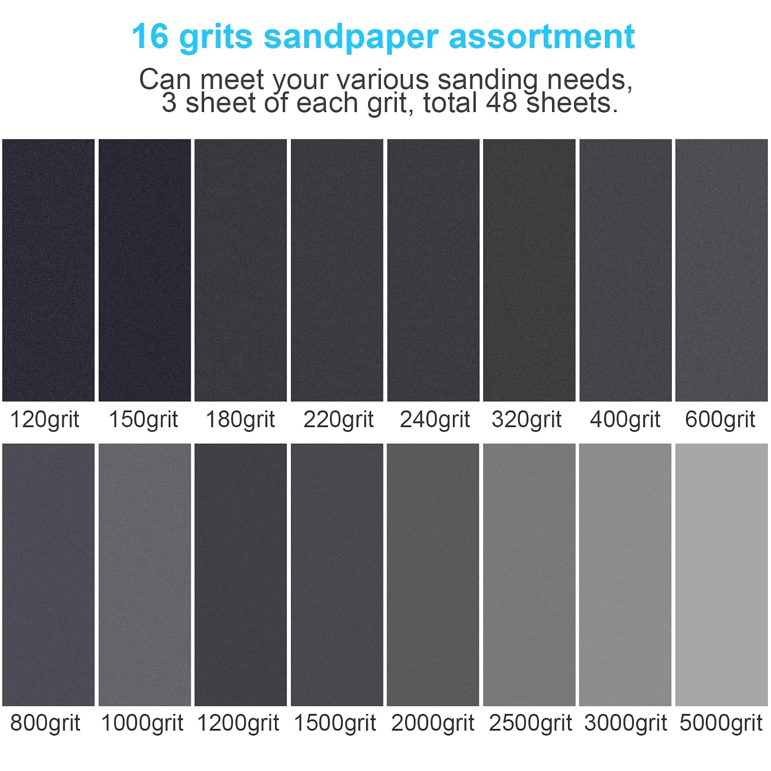 48 PCS Sandpaper 120-5000 Grit Wet Dry Sand Paper 9x3.6 for Wood Metal Car