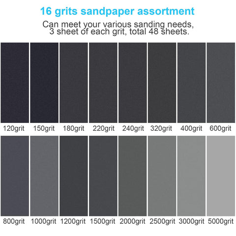48 PCS Sandpaper 120-5000 Grit Wet Dry Sand Paper 9x3.6 for Wood Metal Car