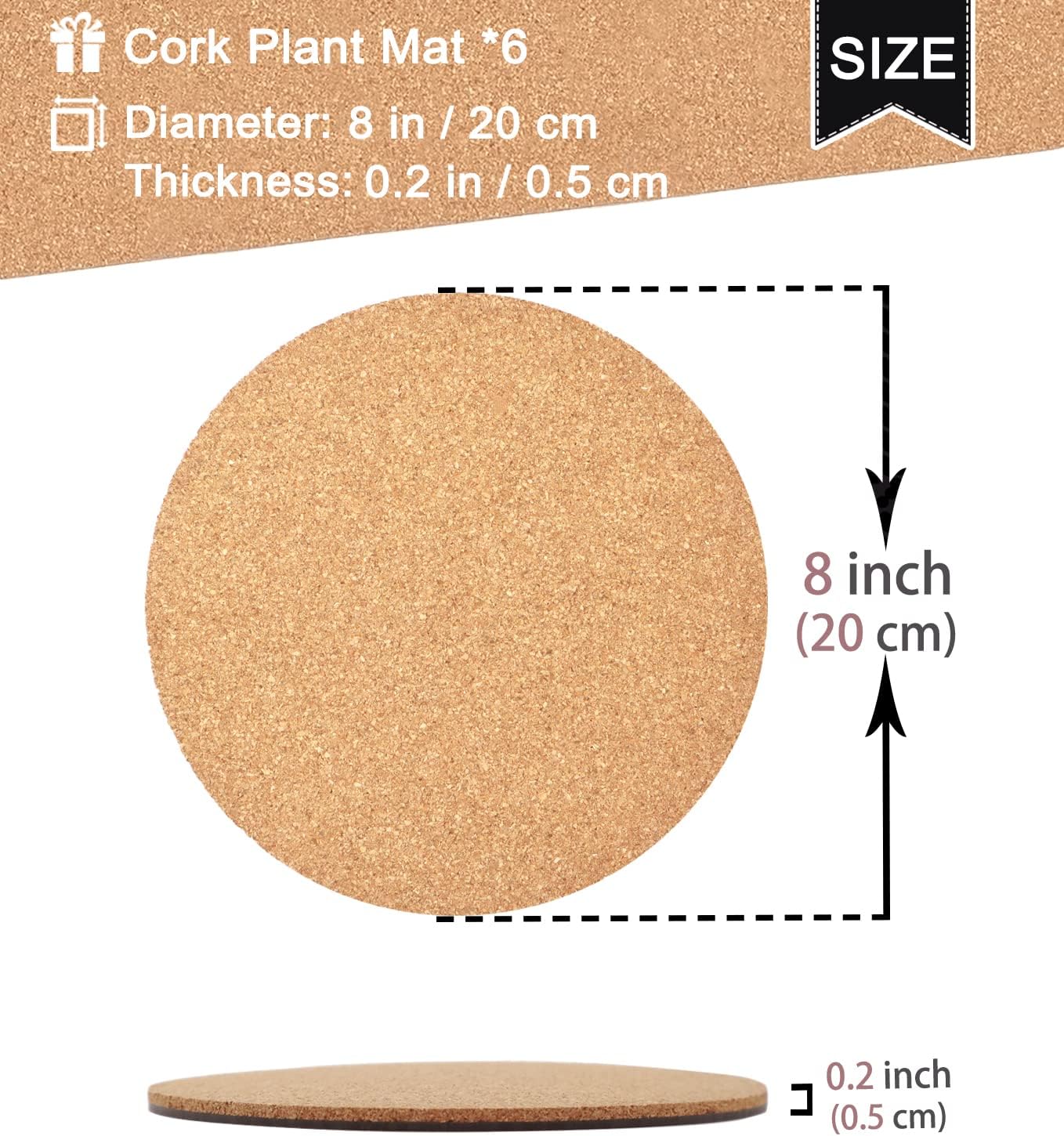 Cork Plant Coasters, Double Layers 8 Inch Cork Planter Coaster, Absorbent Cork Plant Mats, Cork Plant Coasters for House Plants, 6 Pcs