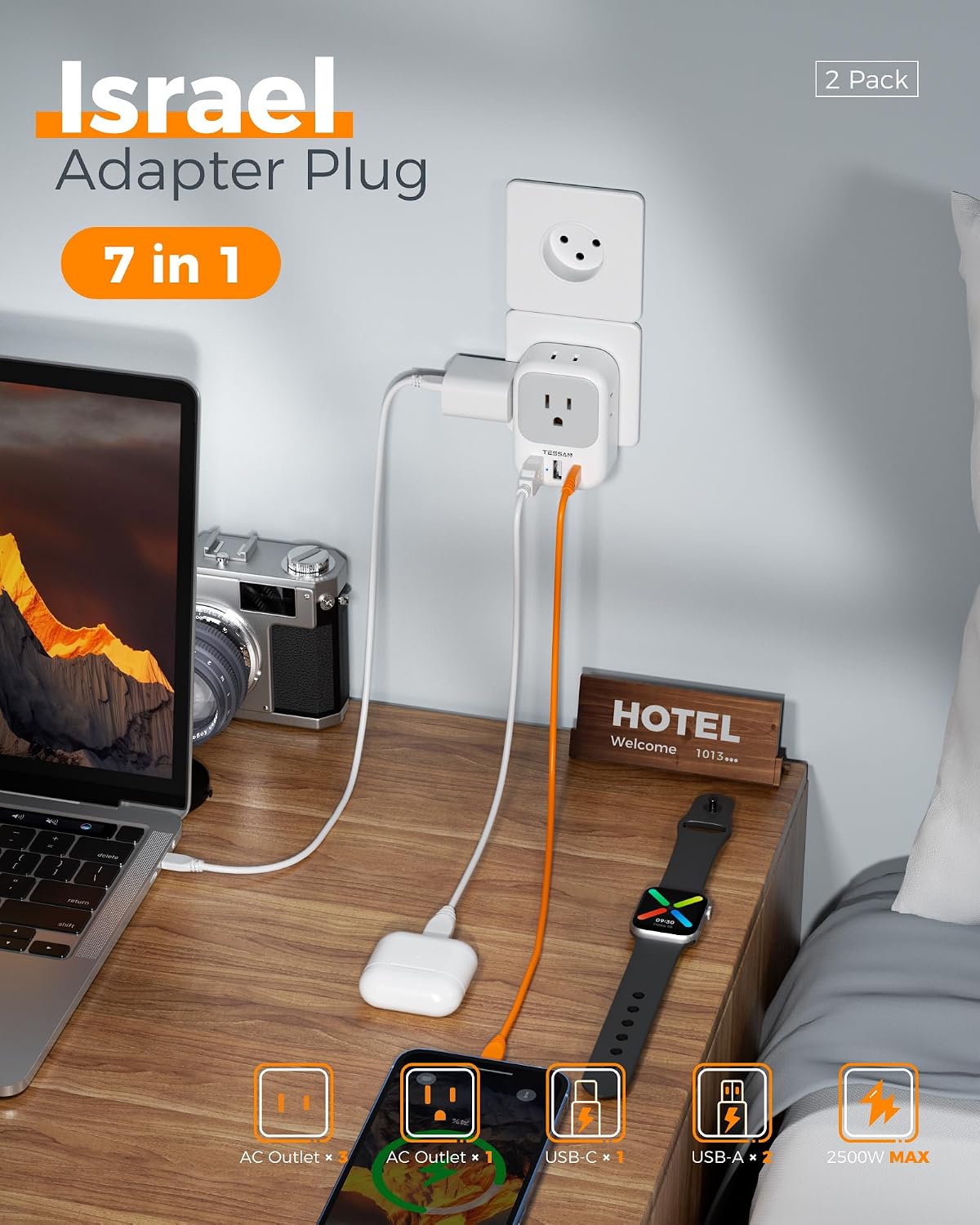 TESSAN Israel Adapter Plug, 2 Pack, Type H Travel Adaptor