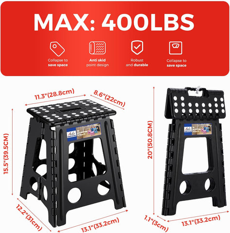 ACKO 16 Inch Folding Step Stool with Safety Lock, Holds 400 lbs, Black