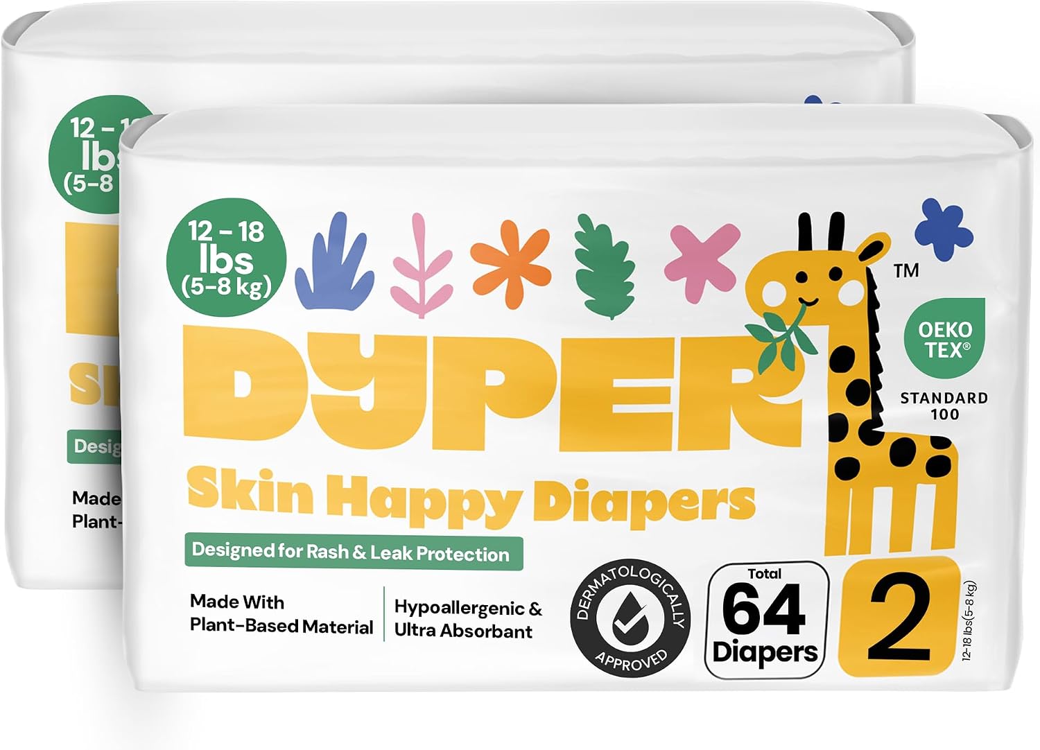 DYPER - Pack of 2 Baby Diapers Size 2 (64 Count) - Leak Proof, Plant Based, Hypoallergenic & Ultra Absorbent Disposable Diaper for Day & Overnight, Skin-Friendly Comfort Size 2 Diapers (12-18 lbs)