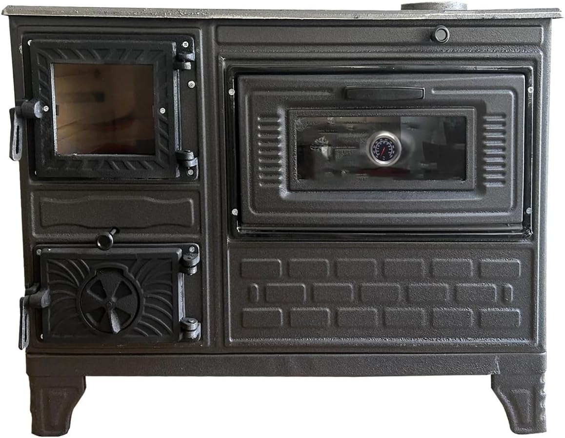 Cast Iron Stove with Oven, Durable Cast Baking Oven, Cooker Oven by Burning Wood, Warming Heater Stove, Oven Section with Thermometer, Brick Lined Fireplace Made in Turkiye (Black-with-Window)