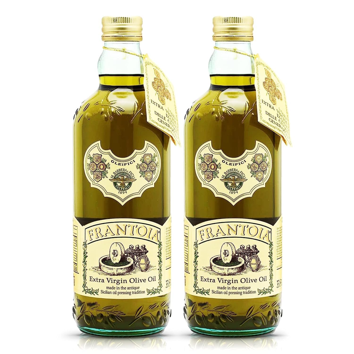 Frantoia Extra Virgin Olive Oil, 33.8 fl oz (1 Liter) – Award-Winning Sicilian EVOO Made from Biancolilla, Nocellara del Belice & Cerasuola Olives – Cold-Pressed within 24 Hours for Fresh, Fruity Flavor [Pack of 2]