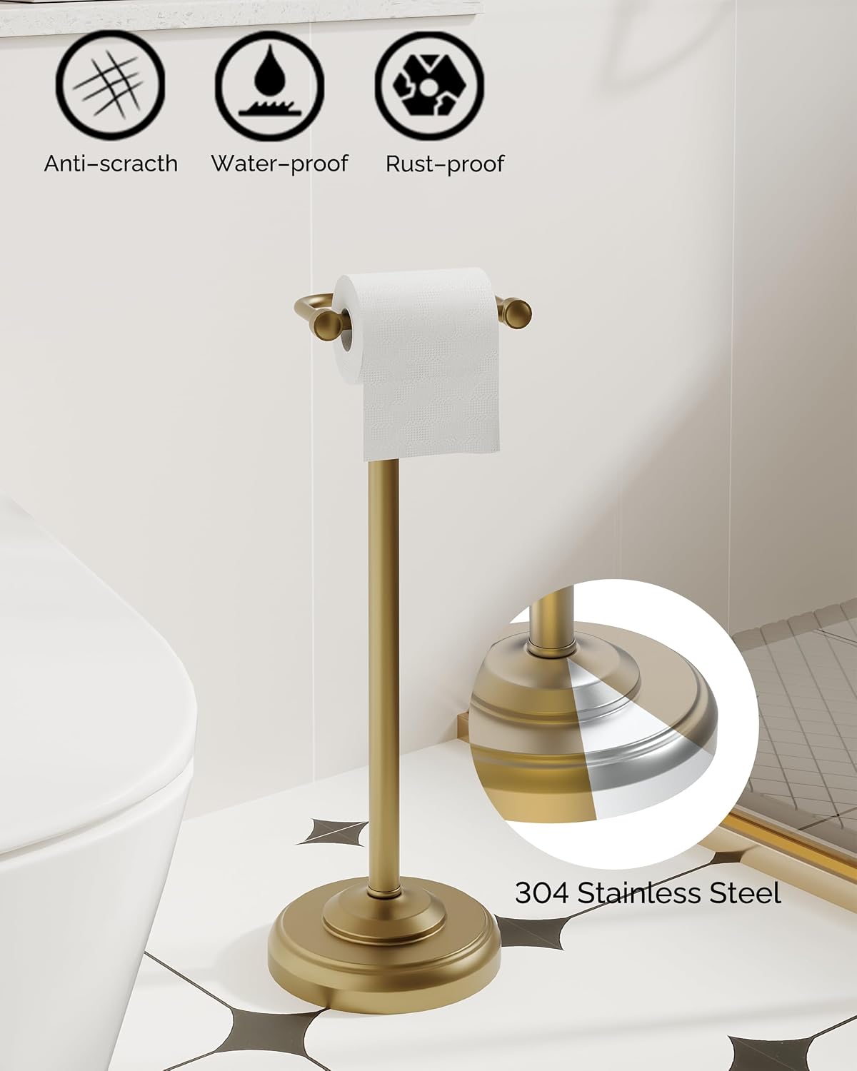 Gold Toilet Paper Holder Stand Stainless Steel & Weighted Base