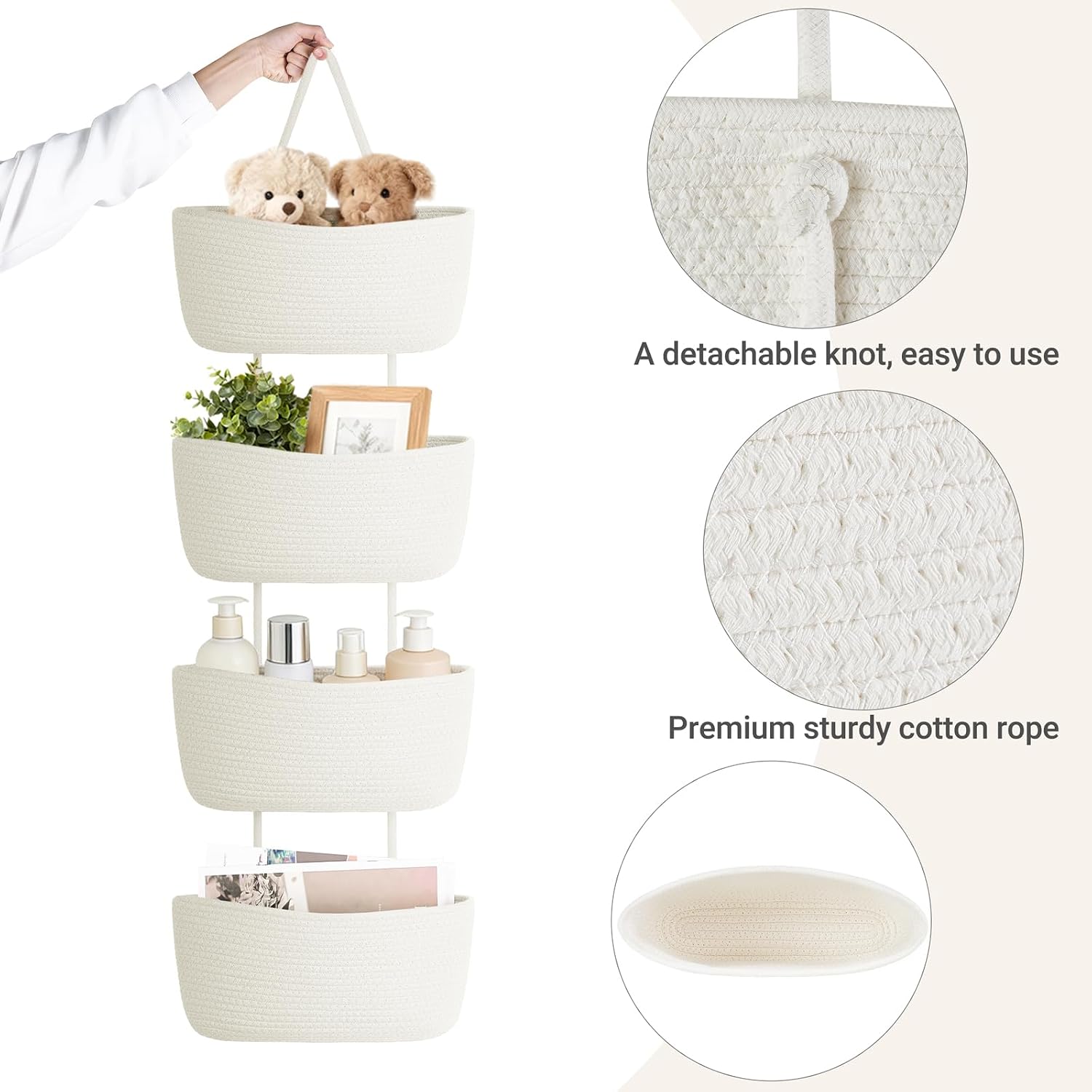 Dahey Over The Door Hanging Basket Storage 4-Tier Woven Wall Basket, White
