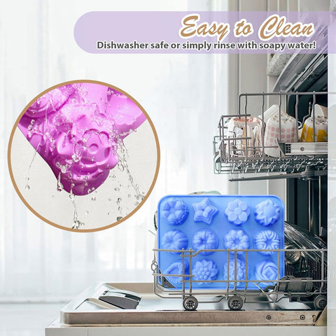 Soap Molds Silicone Flower Shapes 3 Packs for Chocolate Gelatina Lotion Bar Candy Ice Cube Jelly Bathbomb, Blossom Rose Baking Tray Molds Unique Heart Star Food Grade Non-stick Homemade DIY BPA free