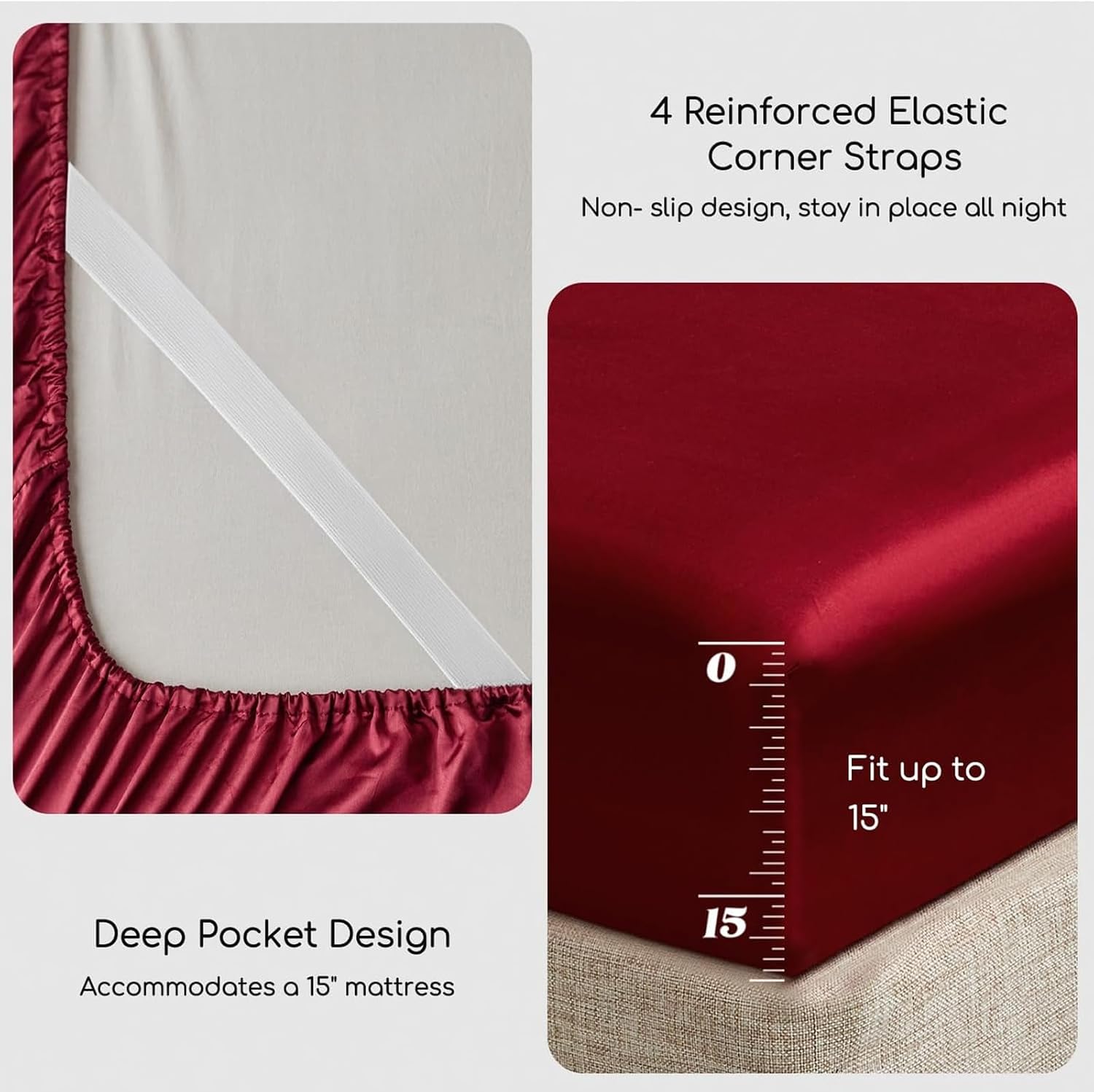 MR&HM Satin Sheets Twin Size with Elastic Corner Straps, Burgundy