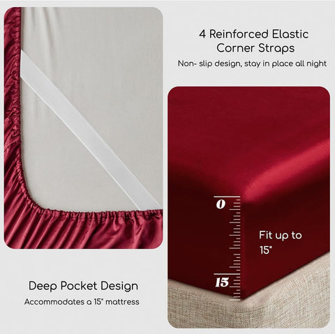 MR&HM Satin Sheets Twin Size with Elastic Corner Straps, Burgundy