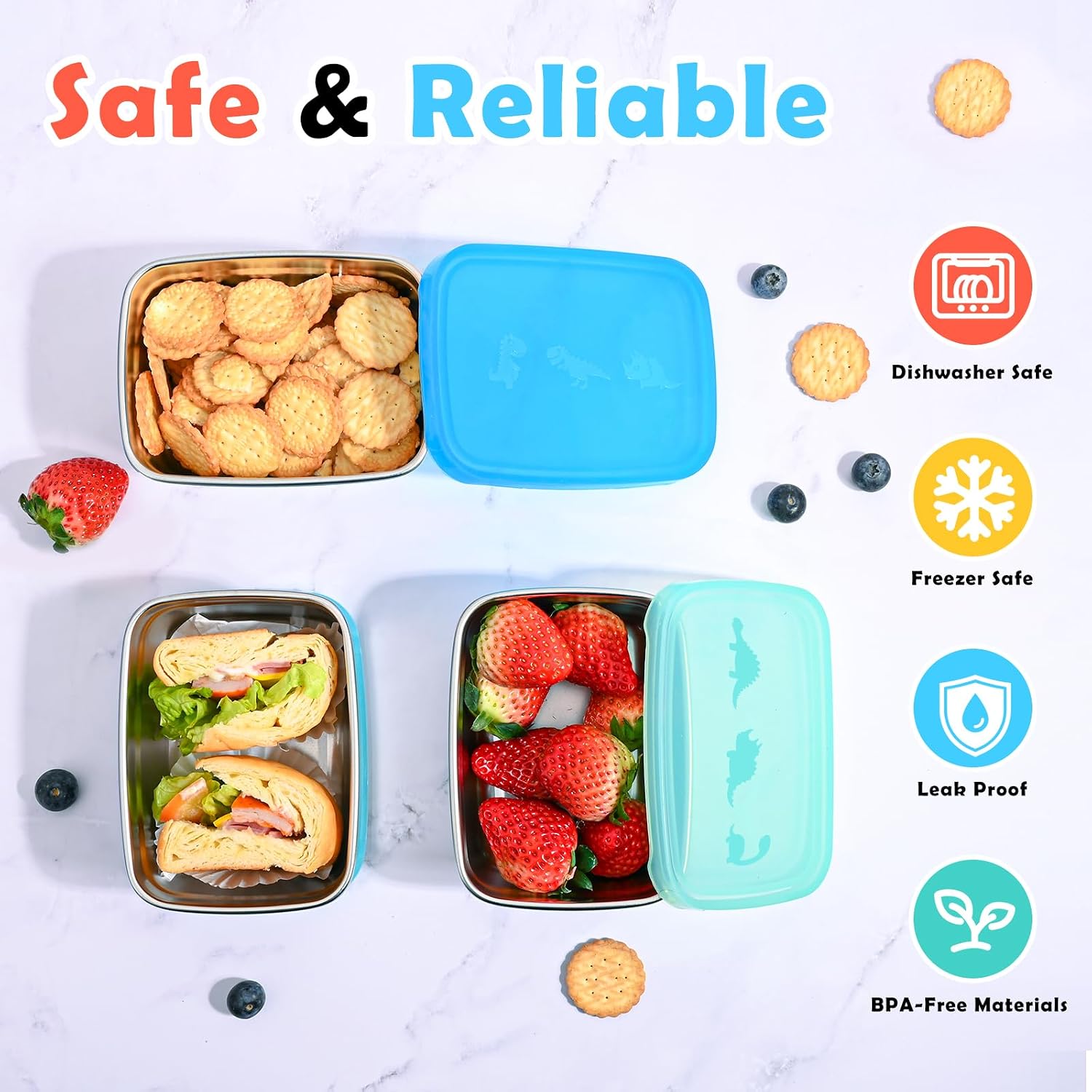 Tanjiae 3-Pack Stainless Steel Snack Containers for Kids & Toddlers - 550ml (18oz) Leakproof Colorful Lids with Cute Dinosaurs | LFGB Certified, Stackable Metal Lunch Box for Daycare, School, Travel