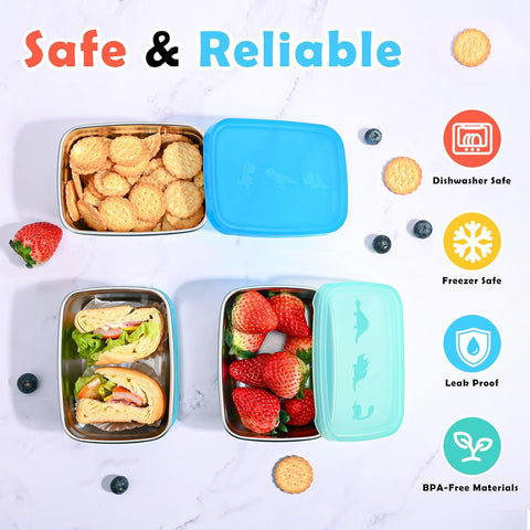 Tanjiae 3-Pack Stainless Steel Snack Containers for Kids & Toddlers - 550ml (18oz) Leakproof Colorful Lids with Cute Dinosaurs | LFGB Certified, Stackable Metal Lunch Box for Daycare, School, Travel