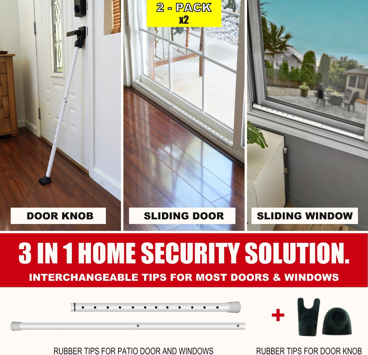 SECURITYMAN 3-in-1 Door Security Bar, Security Door Stoppers & Door Barricade – Heavy Duty Adjustable Iron Security Lock Bar for Home Defense, Apartment & Travel Safety (2 Pack - White)