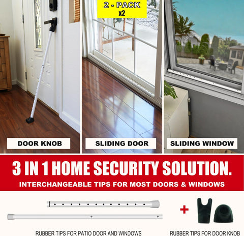 SECURITYMAN 3-in-1 Door Security Bar, Security Door Stoppers & Door Barricade – Heavy Duty Adjustable Iron Security Lock Bar for Home Defense, Apartment & Travel Safety (2 Pack - White)