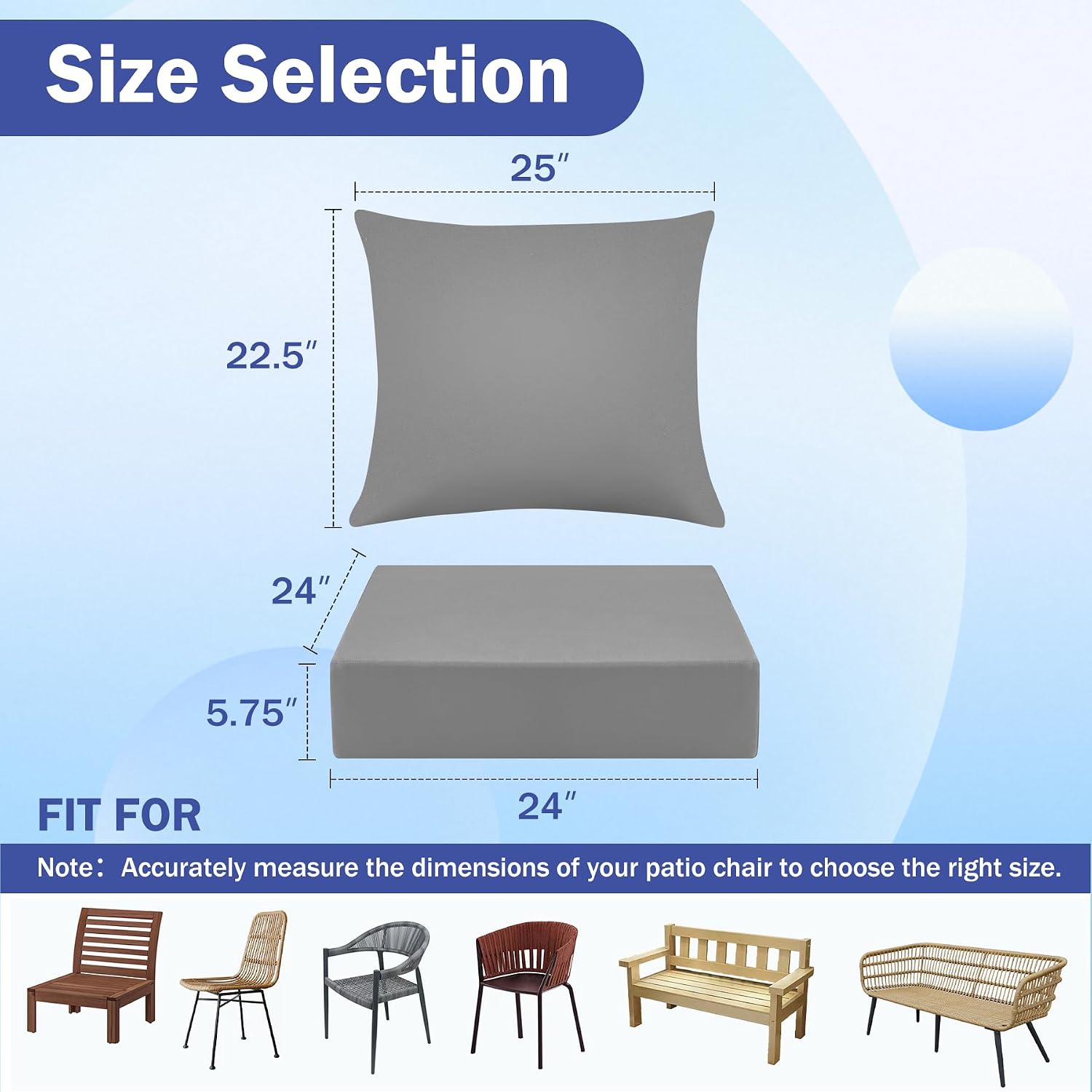 Outdoor Chair Cushions, 24 x 24 Inch Outdoor Cushion for Patio Furniture, Patio Chair Cushion, Waterproof & Fade Resistant Deep Patio Furniture Cushions Set with Handle and Ties, Grey (Set of 6)