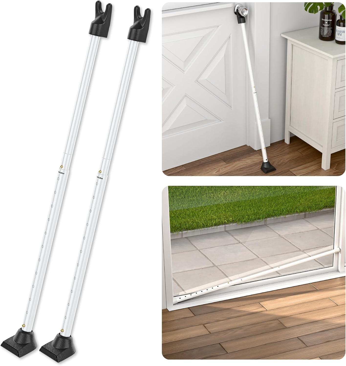 SECURITYMAN 3-in-1 Door Security Bar, Security Door Stoppers & Door Barricade – Heavy Duty Adjustable Iron Security Lock Bar for Home Defense, Apartment & Travel Safety (2 Pack - White)