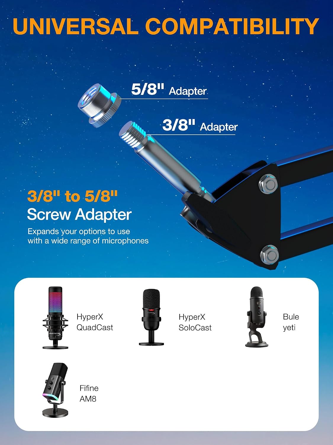 QuadCast Boom Arm, Mic Arm for Blue Yeti HyperX QuadCast SoloCast Fifine AM8 and Most Microphone, Mic Stand Desk with 3/8" to 5/8" Adapter by SUNMON