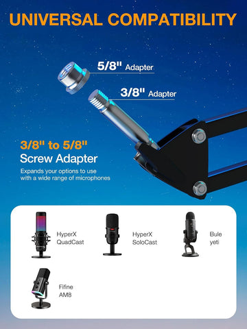 QuadCast Boom Arm, Mic Arm for Blue Yeti HyperX QuadCast SoloCast Fifine AM8 and Most Microphone, Mic Stand Desk with 3/8" to 5/8" Adapter by SUNMON