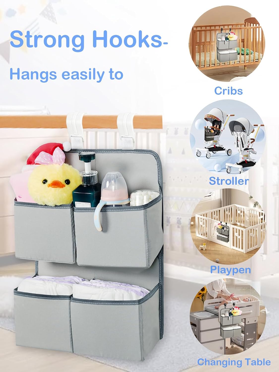 Hanging Diaper Organizer for Crib/Playard/Bassinet/Playpen – Hold 80+ Diapers - Changing Table Diaper Holder - Hanging Diaper Storage Stacker Nursery Caddy Organizer for Newborns (Silver-gray)