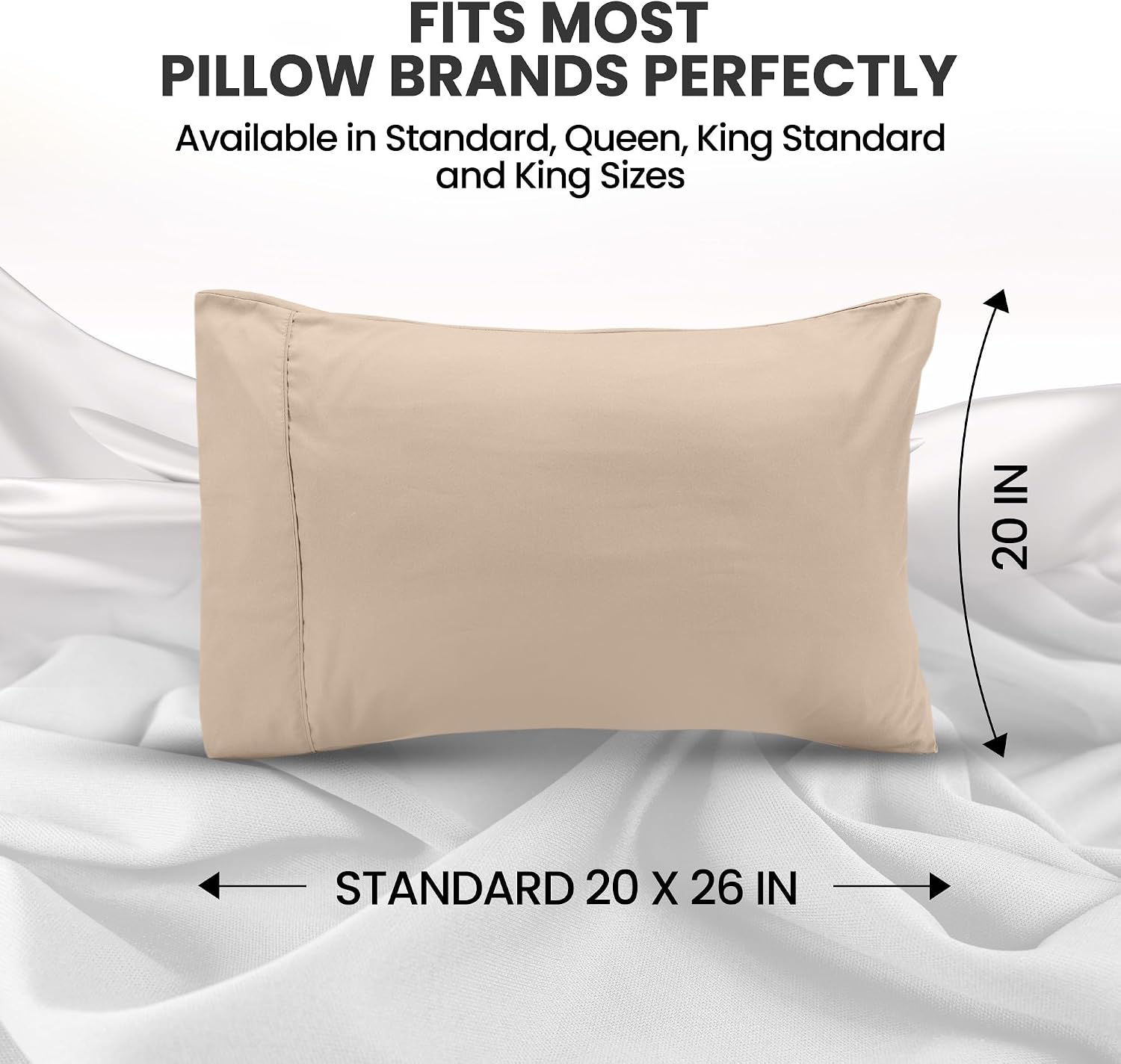 Pillow Cases Standard Size Set of 2, Ultra Soft Comfy Pillow Covers, Beige