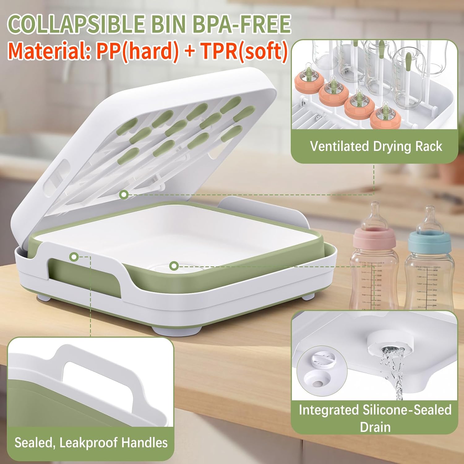 Yecuip Collapsible Baby Bottle Wash Basin w/Drying Rack & Drain Plug, Green