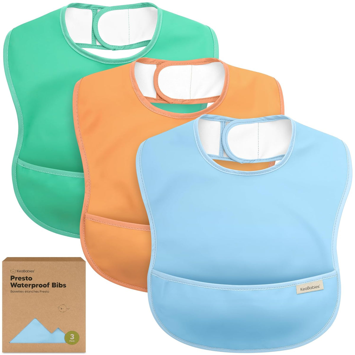 KeaBabies 3-Pack Waterproof Baby Bibs for Eating, Lightweight, Basics
