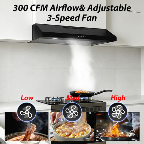 Range Hood 30 inch Under Cabinet, Ducted/Ductless Convertible Kitchen Vent Hood, Stainless Steel Stove Vent Hood with 3 Speed Exhaust Fan, 300CFM Powerful Suction, Button Control, Black