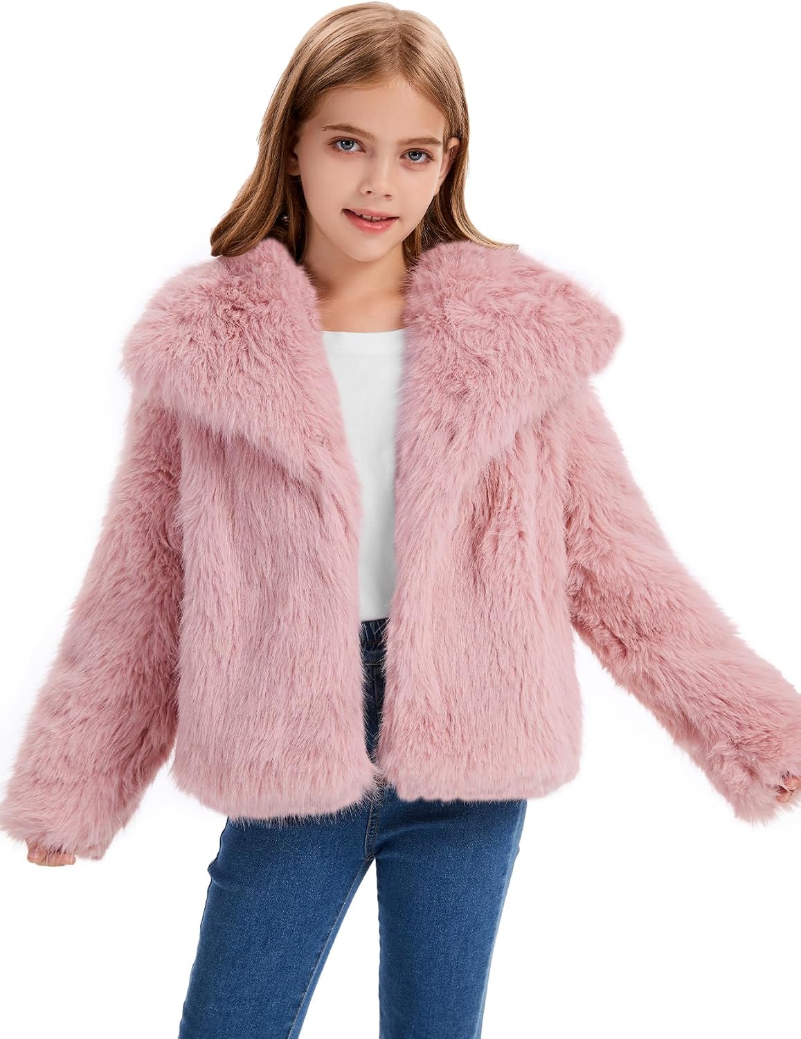 Flygo Girls Faux Fur Coat Fluffy Open Front Winter Shaggy Jackets 5-14Y