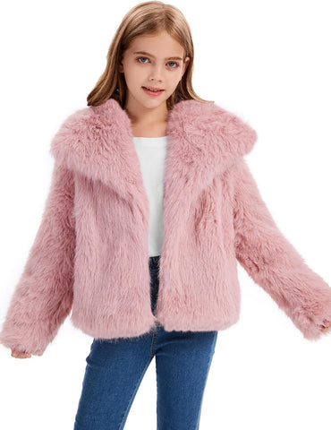 Flygo Girls Faux Fur Coat Fluffy Open Front Winter Shaggy Jackets 5-14Y