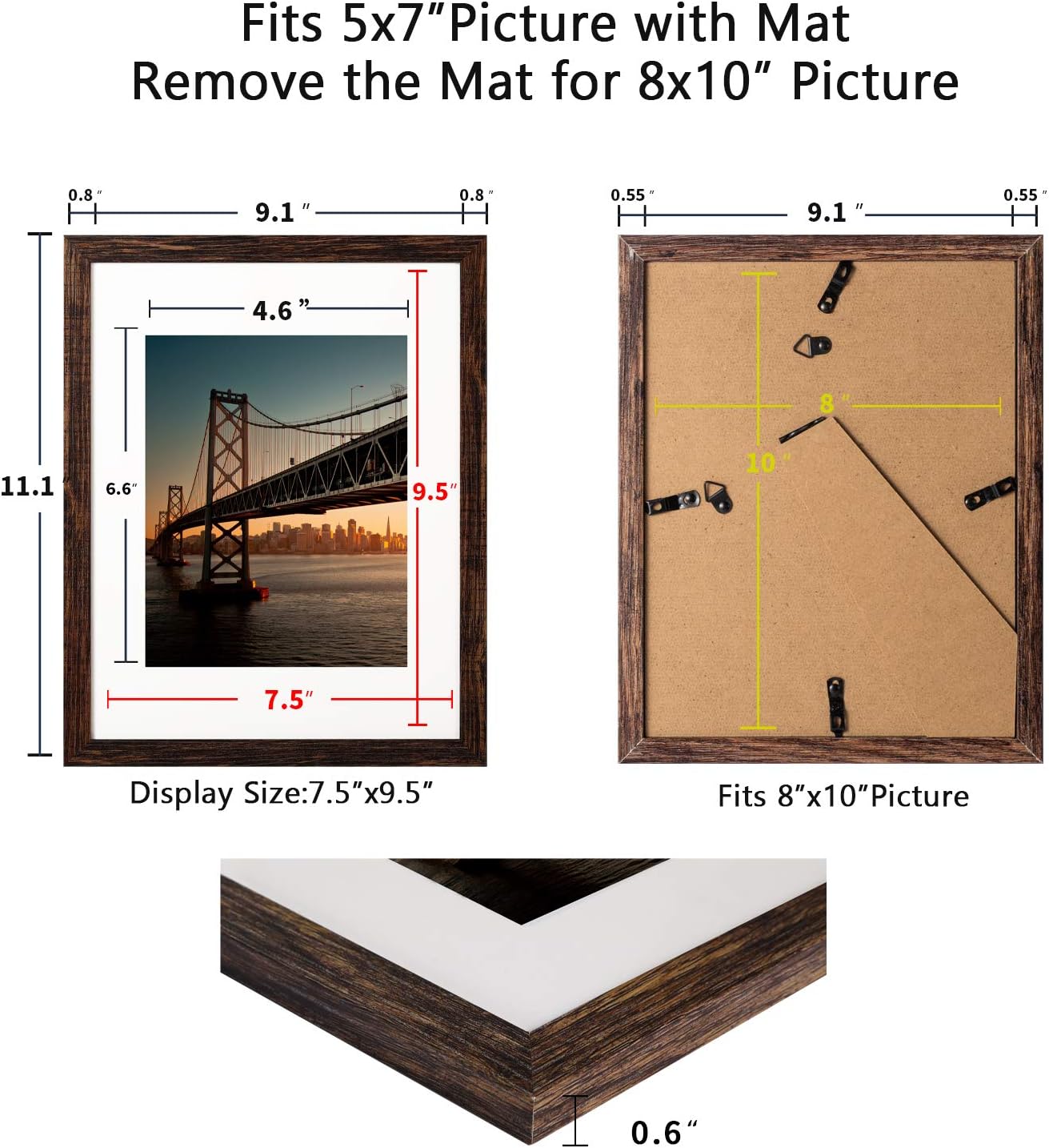 BAIJIALI 8x10 Picture Frame Rustic Brown Wood Pattern Set of 4 with Tempered Glass,Display Photos 5x7 with Mat or 8x10 Without Mat, Horizontal and Vertical Formats for Wall and Table Mounting
