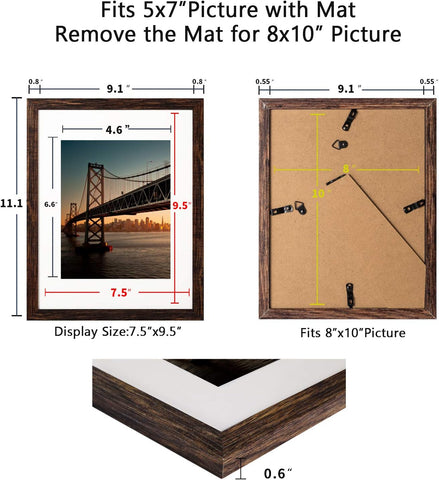 BAIJIALI 8x10 Picture Frame Rustic Brown Wood Pattern Set of 4 with Tempered Glass,Display Photos 5x7 with Mat or 8x10 Without Mat, Horizontal and Vertical Formats for Wall and Table Mounting