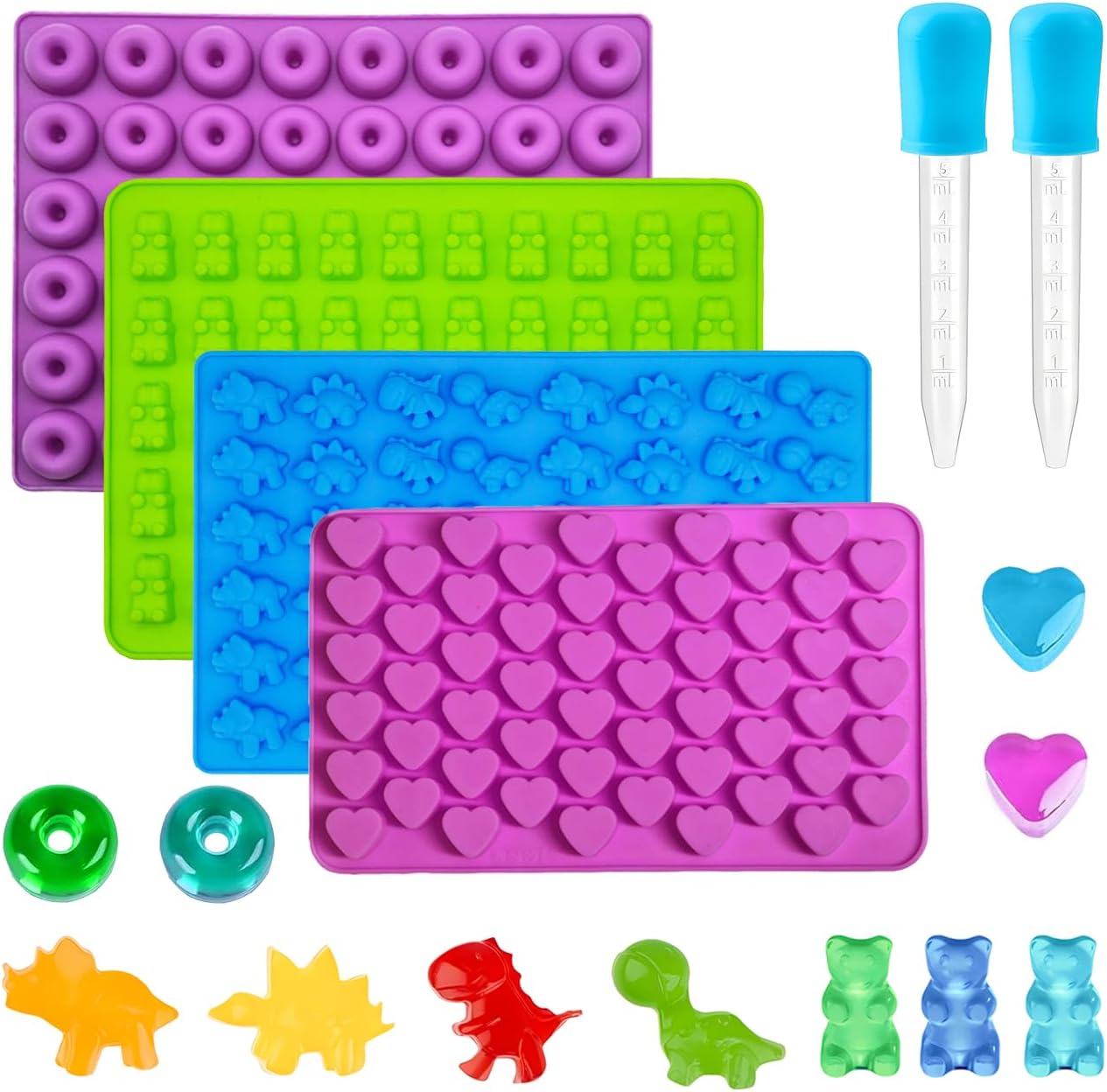 2Pcs Dinosaur Silicone Candy Molds - 8-Cavity Gummy Dinosaur Molds Shaped with T-rex, Stegosaurus, Triceratops, Brontosaurus, Non-stick and Bpa Free for Chocolate, Soaps, Crayons, Ice Cubes